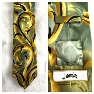 J Garcia Snail Garden Mens Necktie Gold Green Black Silk Modern Abstract Art Ltd